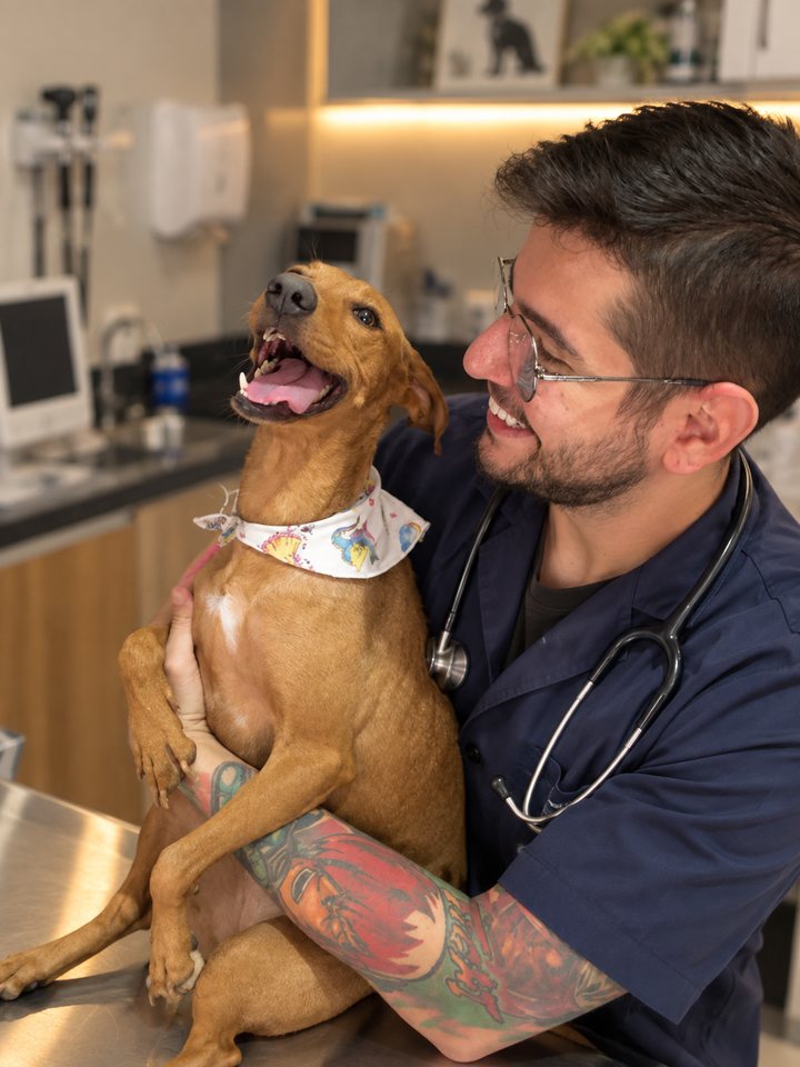 Veterinário examinando um cão sobre a mesa de atendimento