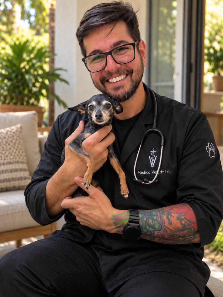 Luan Marcelo, médico veterinário, segurando um cão pequeno no colo durante atendimento domiciliar